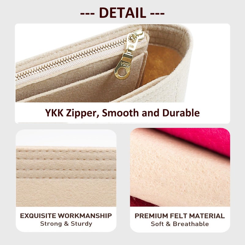 OAikor Felt Small Purse Organizer Insert with Zipper Fit GG Marmont Medium Matelasse Shoulder Bag and More, Bag Insert Liner Pouch for Women Shoulder Handbag(Beige, M) - Image 3